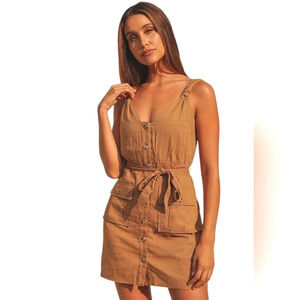 Lulu's Meant For Greatness Cotton Blend Button Front Tan Mini Dress Size XL